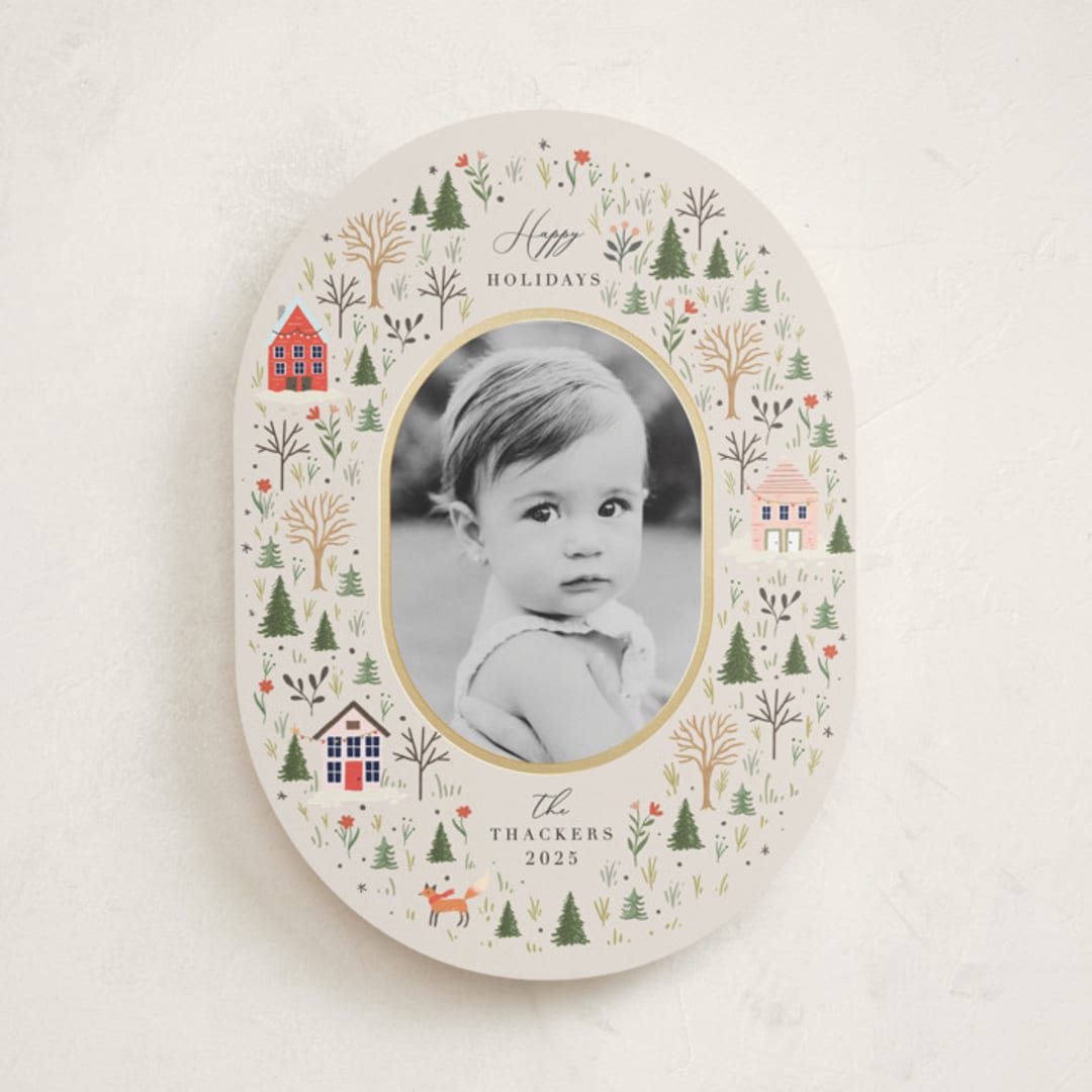"Winter Village Oval" - Holiday Cards in Taffy by Hannah Williams - Front