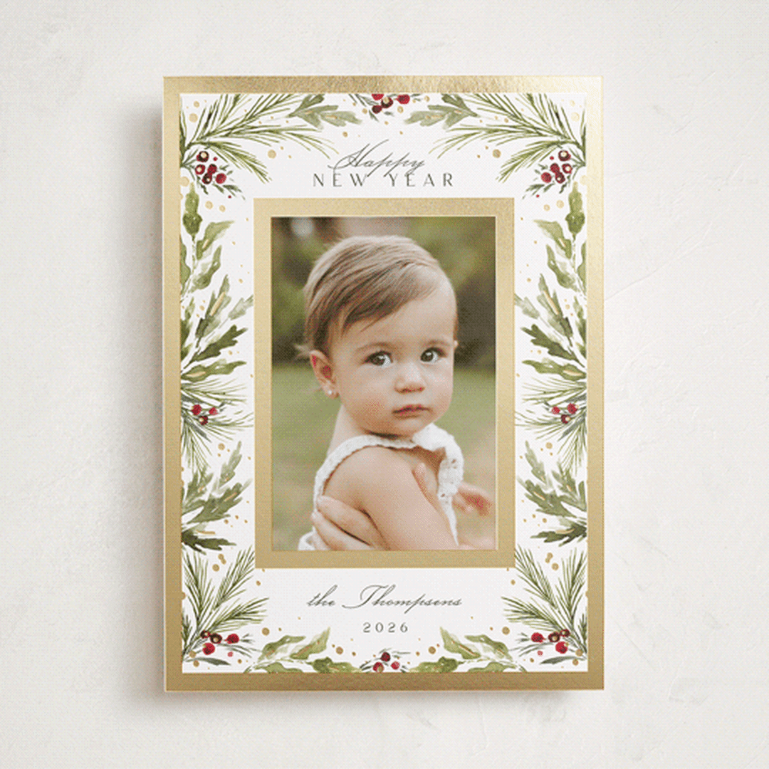 "Boxwood and Berries" - Holiday Cards in Snow by Kate Ahn - Front