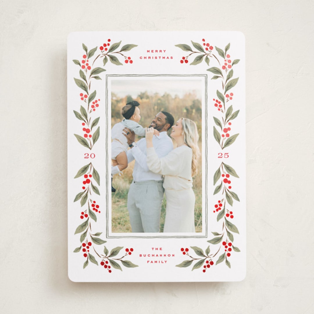 "Poinsettia + Pine" - Holiday Cards in Mistletoe by Wildfield Paper Co - Front