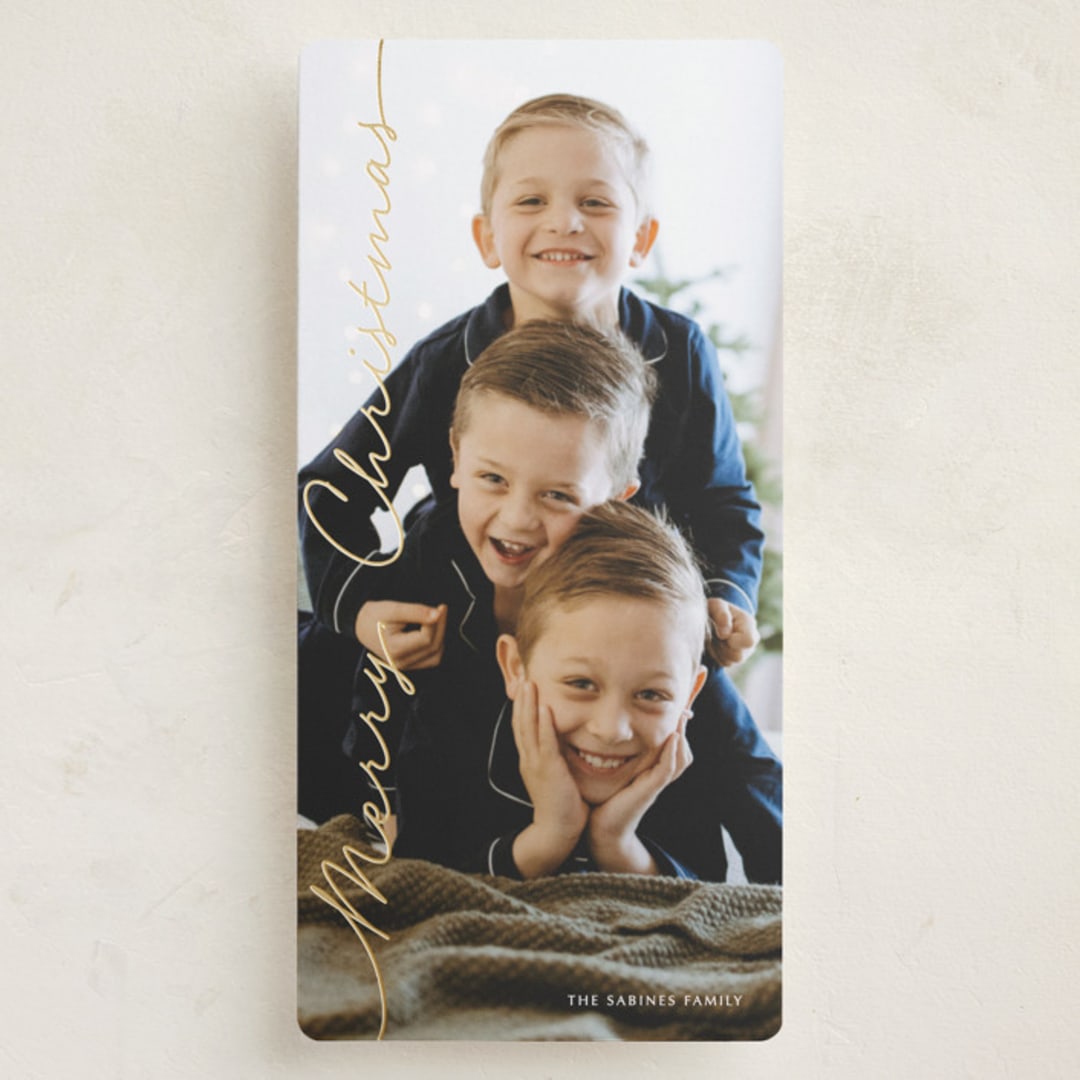 "Side Script" - Foil-Pressed Tall Holiday Cards in Sugar by Kaydi Bishop - Front