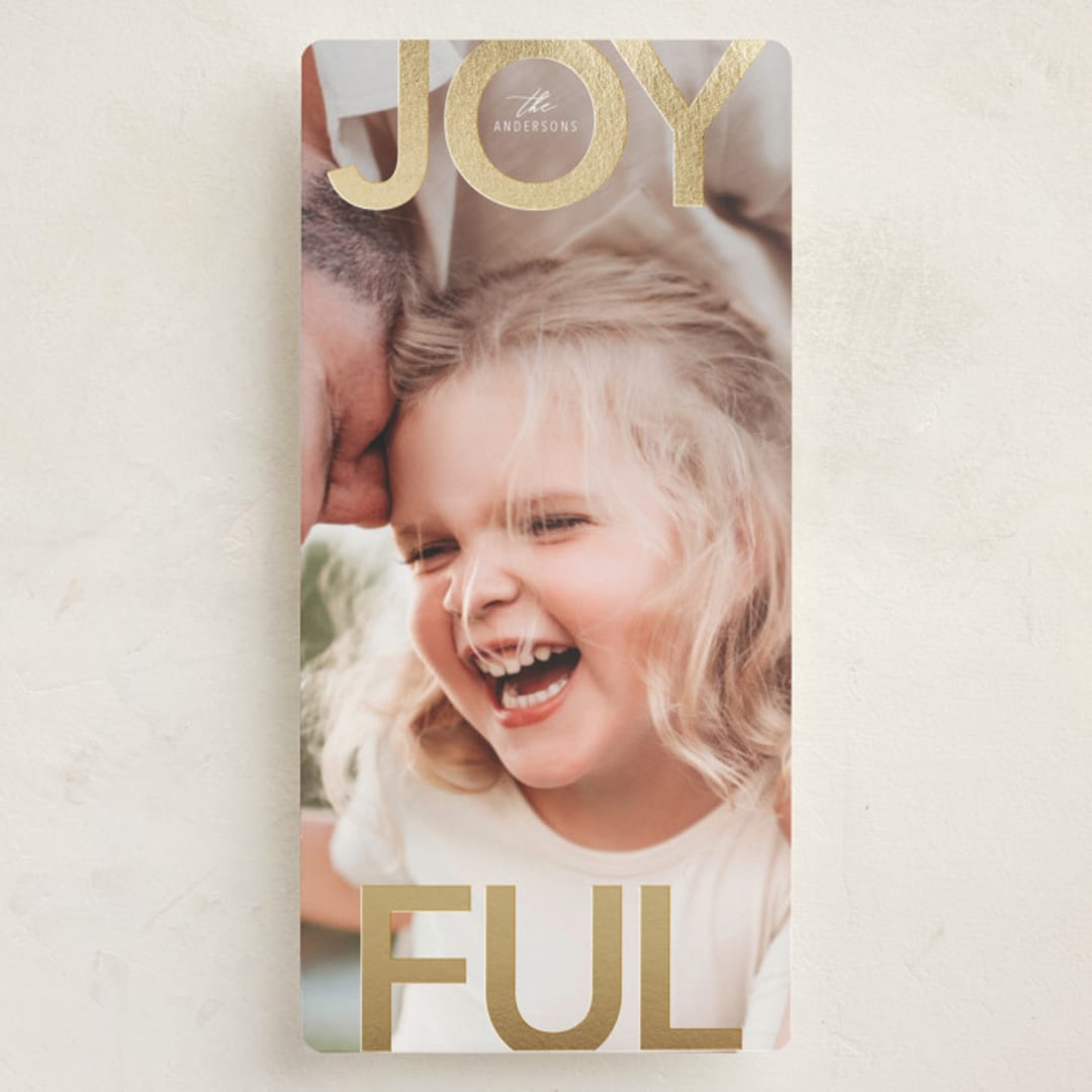 "Joyful" - Foil-Pressed Tall Holiday Cards in Snow by Stacy Maalouf - Front