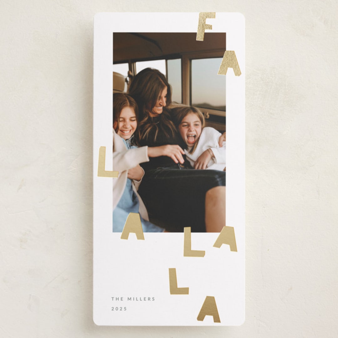 "Fa la la la" - Foil-Pressed Tall Holiday Cards in Snow by Sumak Studio - Front