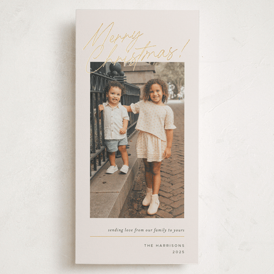 "From Our Family" - Foil-Pressed Tall Holiday Cards in Almond by Chryssi Tsoupanarias - Front