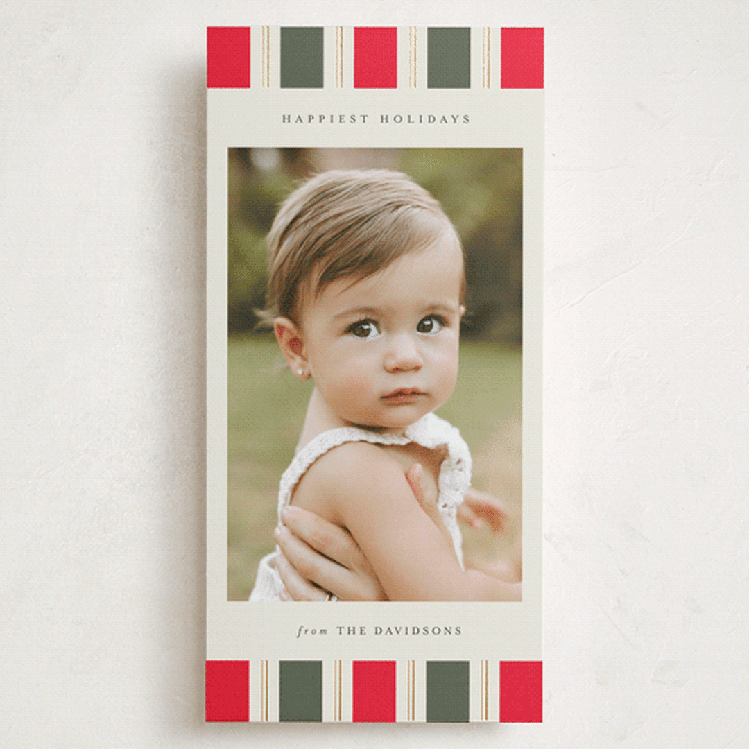 "Candy Cane Border" - Foil-Pressed Tall Holiday Cards in Candy Cane by Jackie Crawford - Front