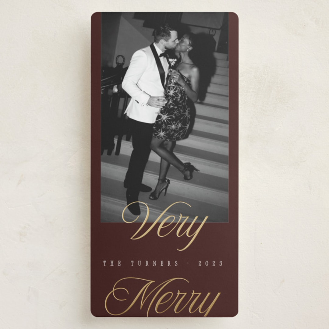 "Gilded Glam" - Foil-Pressed Tall Holiday Cards in Merlot by Chryssi Tsoupanarias - Front