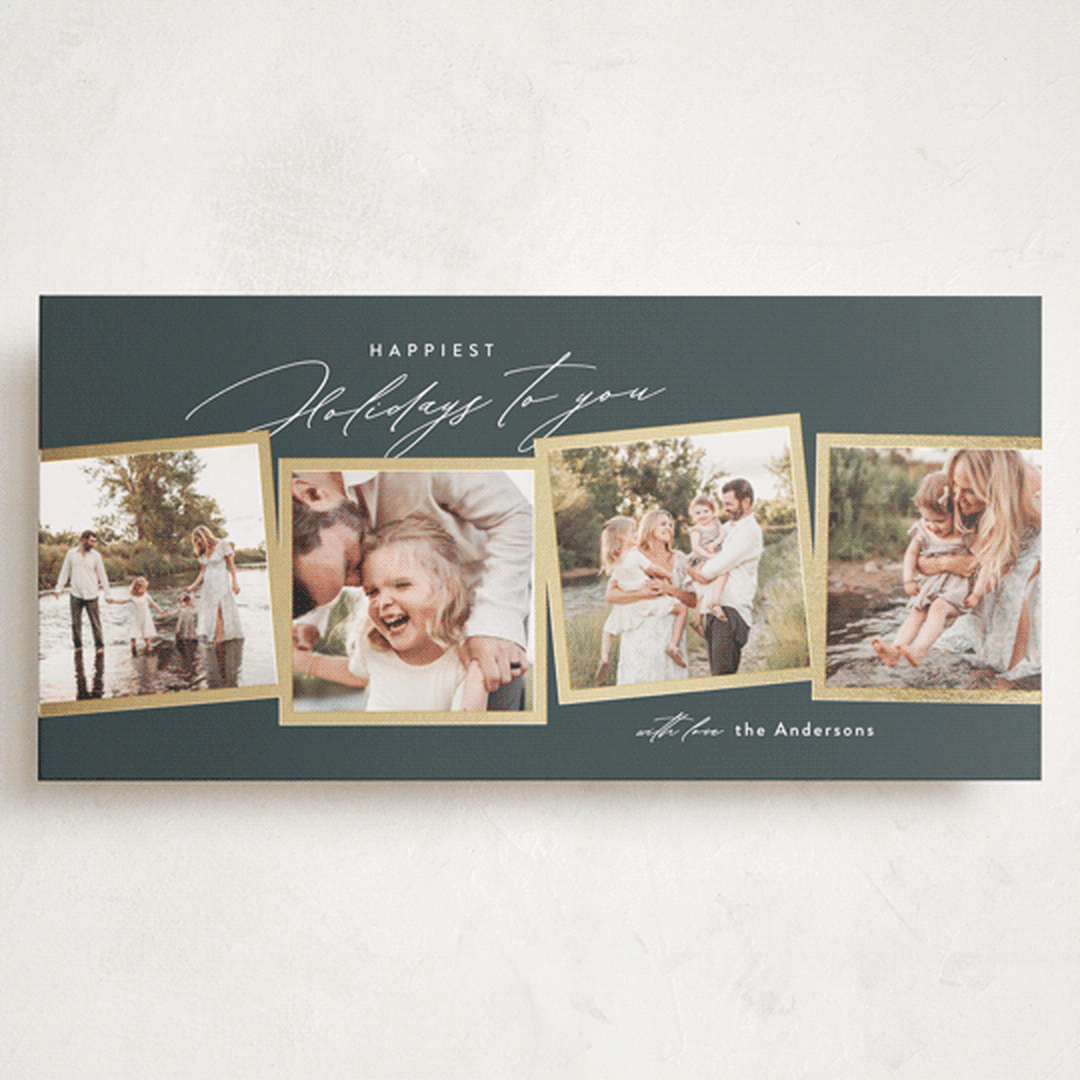 "Memorable Moments" - Foil-Pressed Tall Holiday Cards in Lagoon by Jennifer Postorino - Front