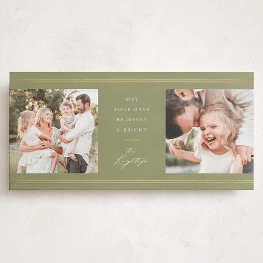 "Double Bands" - Foil-Pressed Tall Holiday Cards in Sage by Melanie Kosuge - Front
