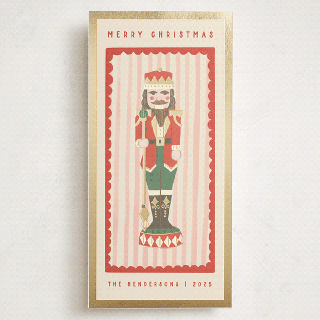 "Gilded Nutcracker" - Foil-Pressed Tall Holiday Cards in Poinsettia by Teju Reval - Front