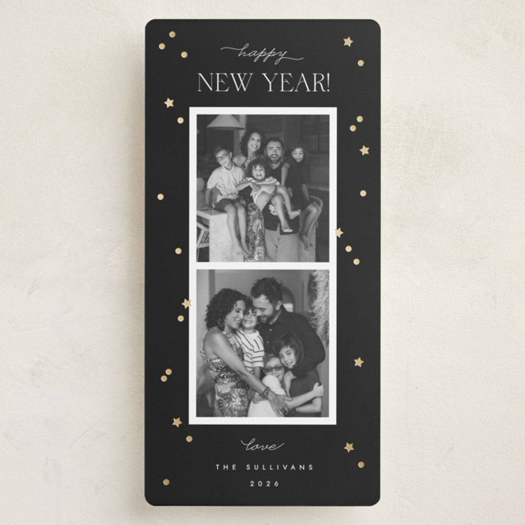 "New Year Confetti" - Foil-Pressed Tall Holiday Cards in Noir by Emily Sabol Goss - Front