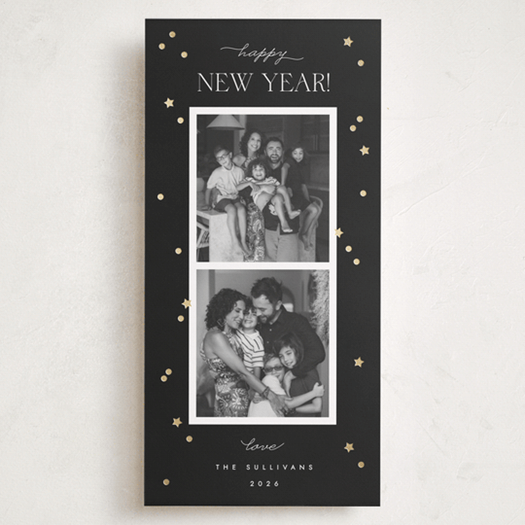 "New Year Confetti" - Foil-Pressed Tall Holiday Cards in Noir by Emily Sabol Goss - Front
