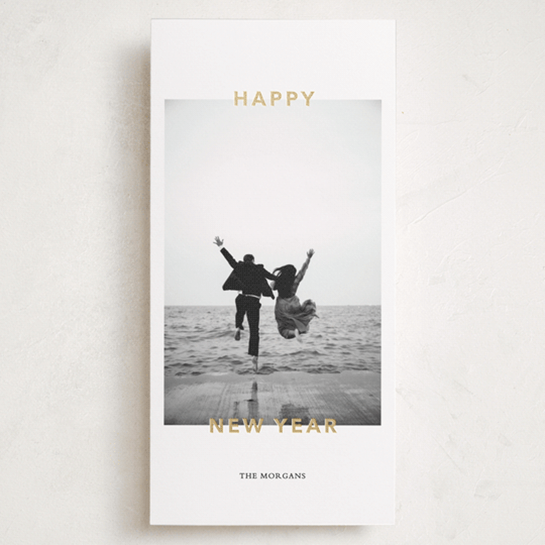 "Happy!" - Foil-Pressed Tall Holiday Cards in Cloud by Angela Thompson - Front