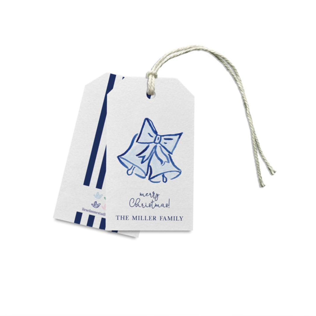 "Personalized Blue Christmas Bells Gift Tags" - Holiday Gift Wrap Embellishments in blue by Liesel Anne