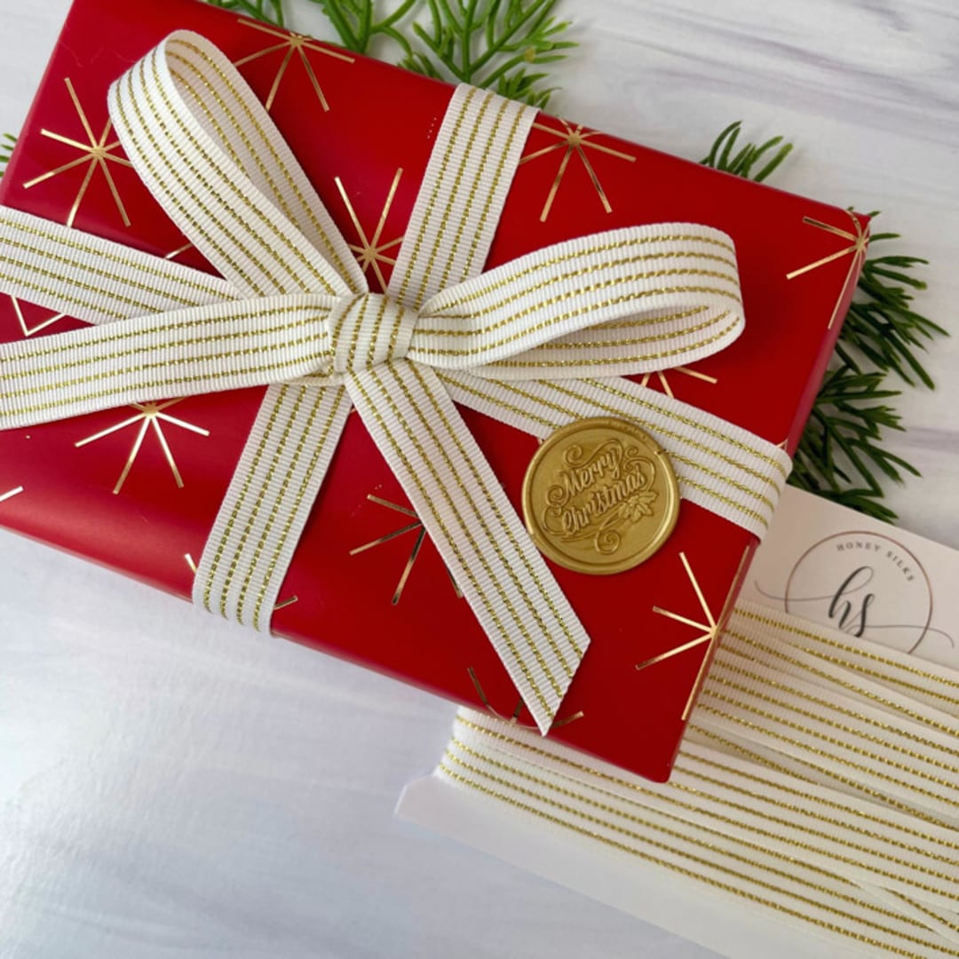 "Wax Seal and Gold Ribbon Set" - Holiday Gift Wrap Embellishments in gold by Honey Silks Co