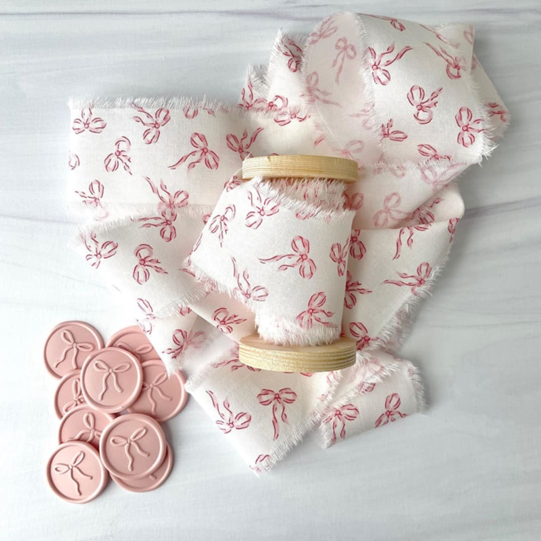 "Bow 2" Cotton Ribbon and Wax Seal Set" - Holiday Gift Wrap Embellishments in pink by Honey Silks Co