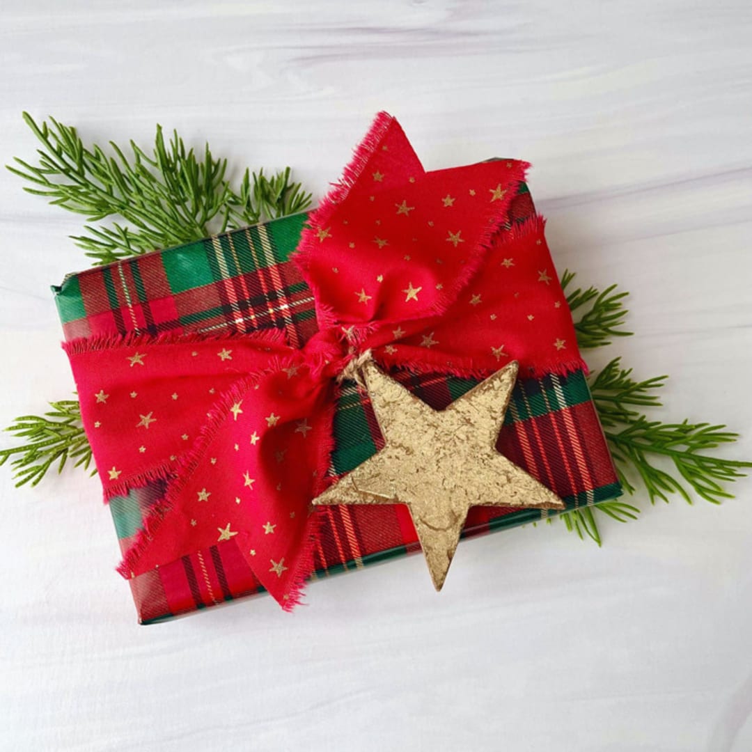 "Star Cotton Ribbon and Gold Leaf Star Set" - Holiday Gift Wrap Embellishments in red by Honey Silks Co