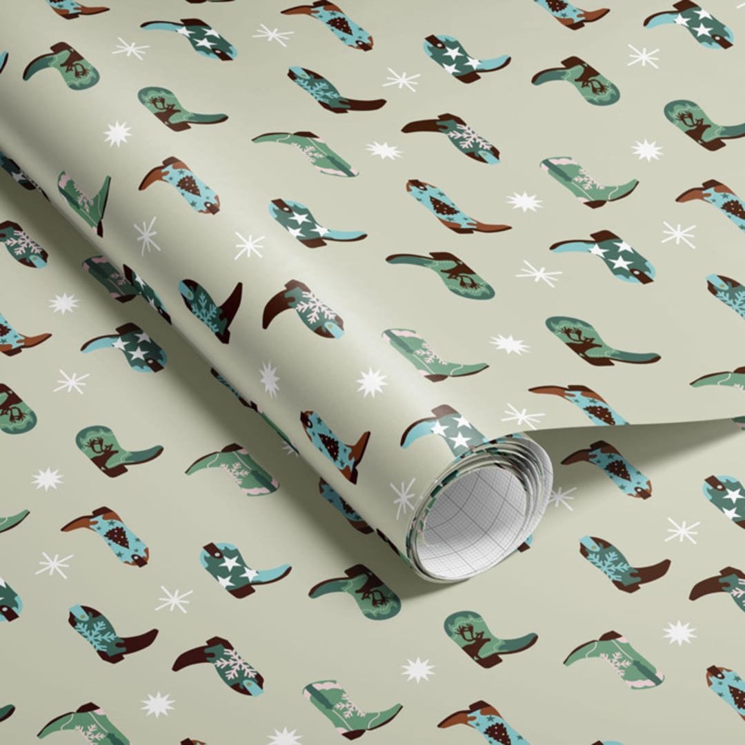 "Christmas Cowboy Boots Wrapping Paper" - Holiday Gift Wrap in green by tara berg