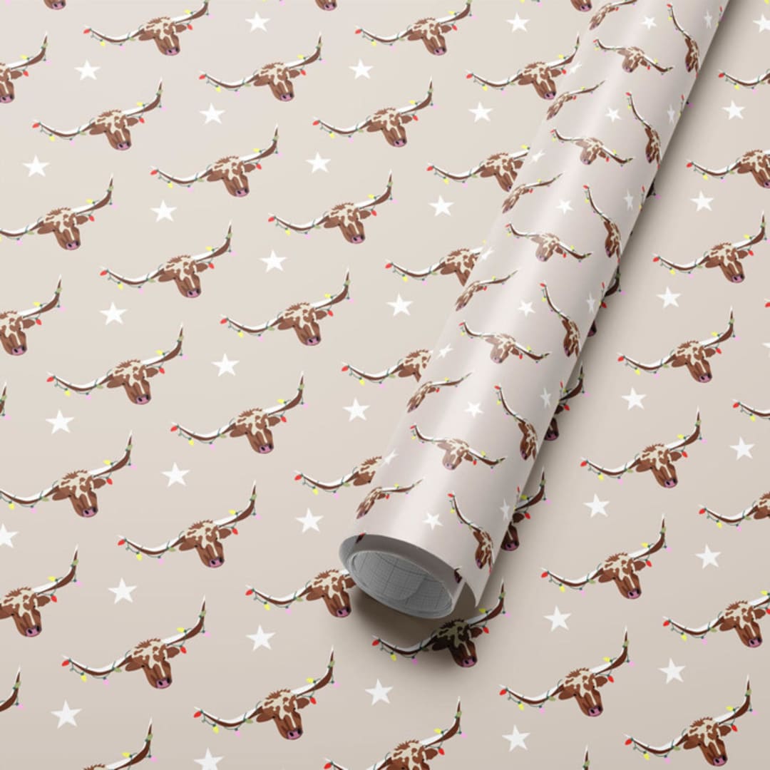 "Santa's Steer Christmas Western Wrapping Paper" - Holiday Gift Wrap in beige by tara berg