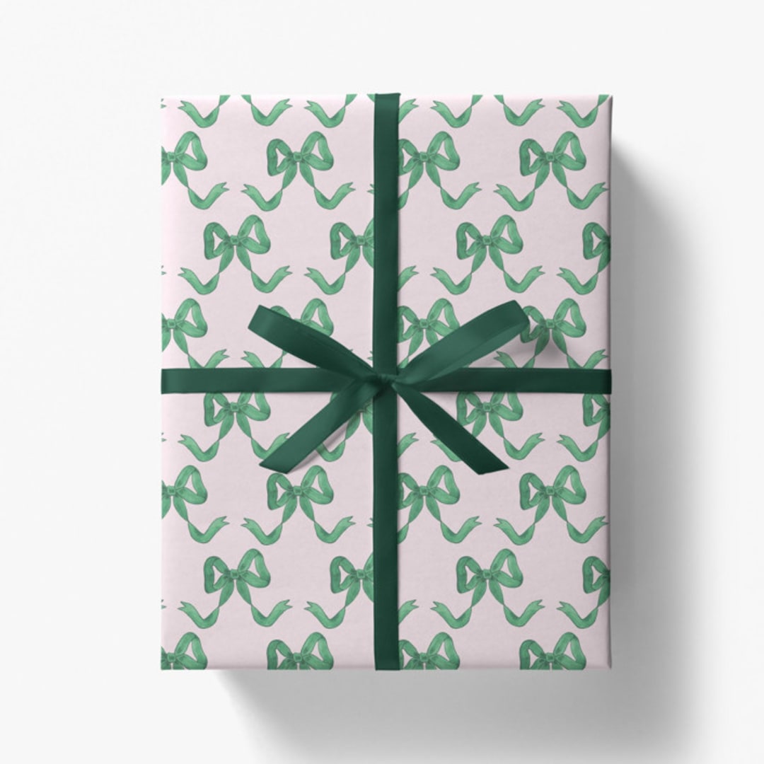 "Pink and Green Bows Gift Wrap [Roll of 3 Sheets]" - Holiday Gift Wrap in pink by Liesel Anne