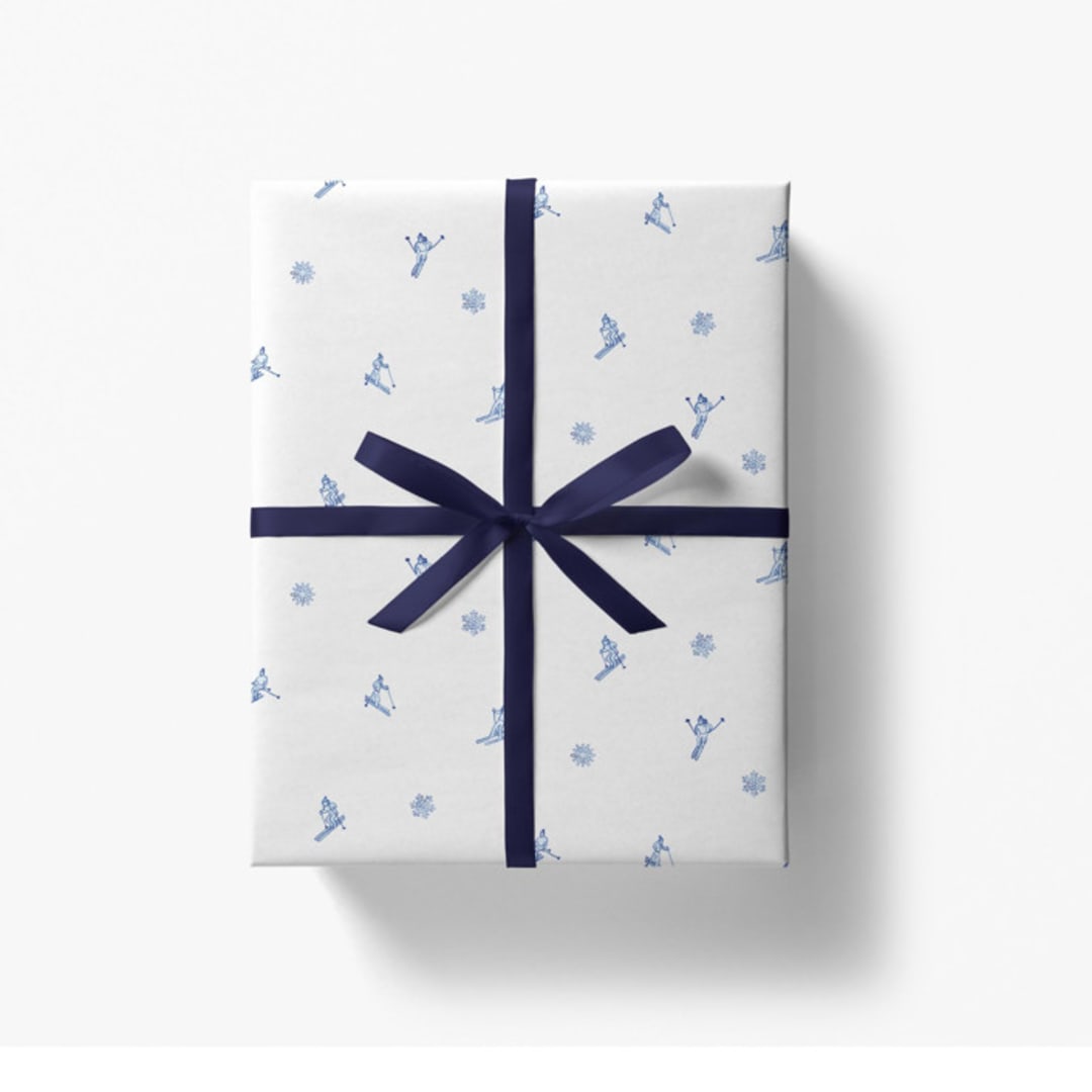 "Après Ski White and Blue Skier Gift Wrap [Set of 3 Sheets]" - Holiday Gift Wrap in white by Liesel Anne