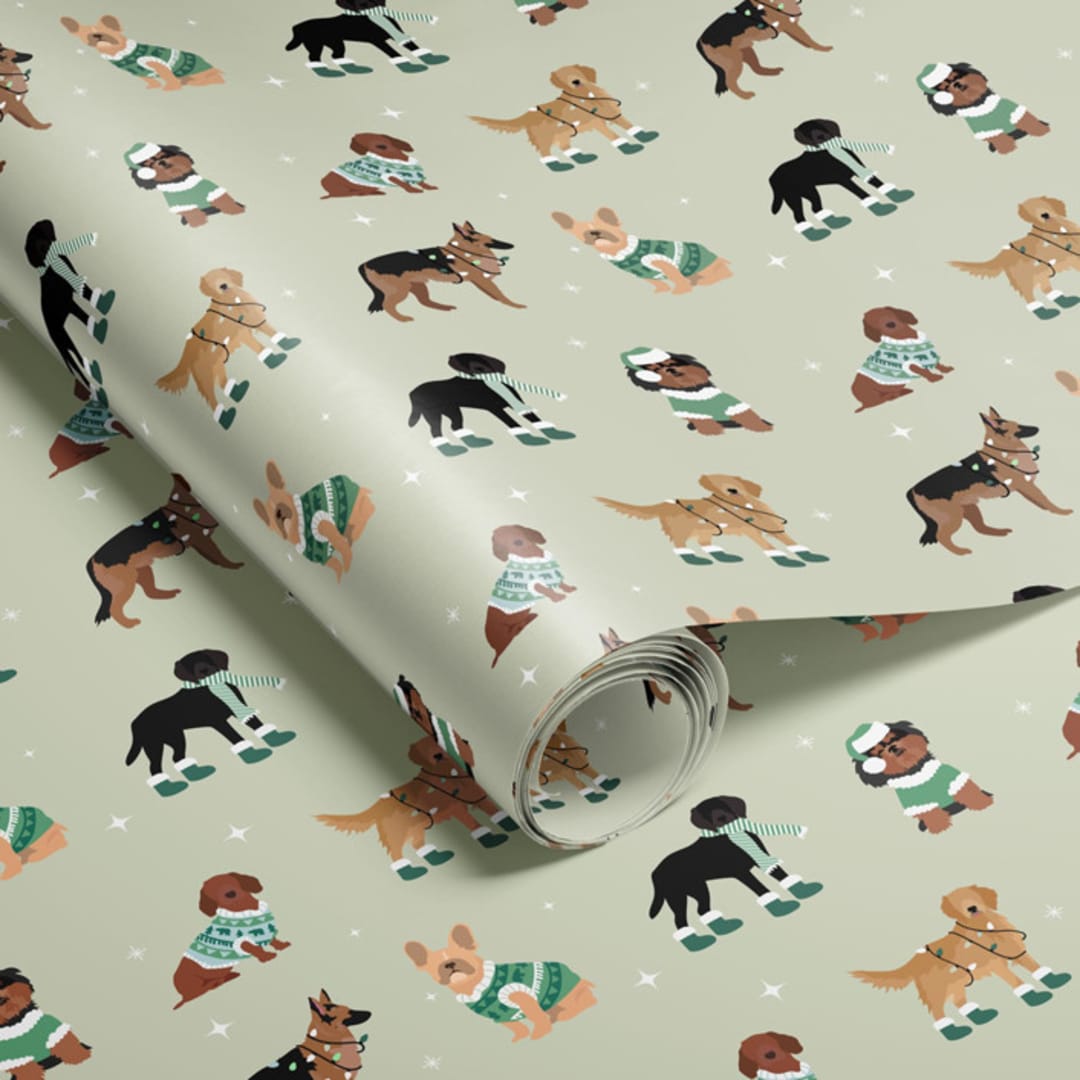 "Holiday Dogs Wrapping Paper" - Holiday Gift Wrap in green by tara berg