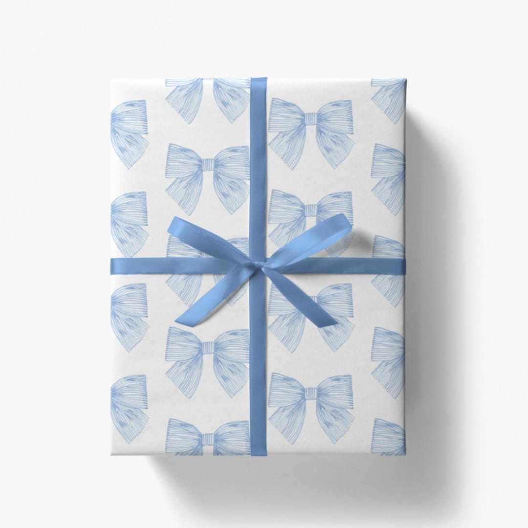 "Striped Blue Bows Gift Wrap [Set of 3 Sheets]" - Holiday Gift Wrap in blue by Liesel Anne