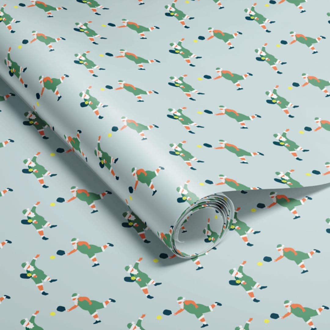 "Santa Playing Pickleball Christmas Wrapping Paper" - Holiday Gift Wrap in blue by tara berg