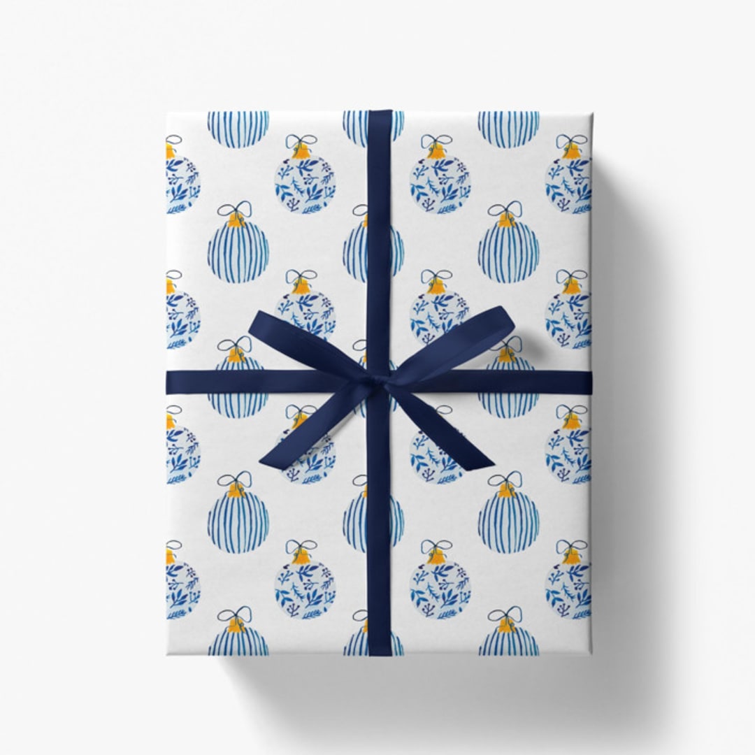 "Blue Chinoiserie Ornaments Holiday Gift Wrap [Roll of 3 Sheets]" - Holiday Gift Wrap in blue by Liesel Anne