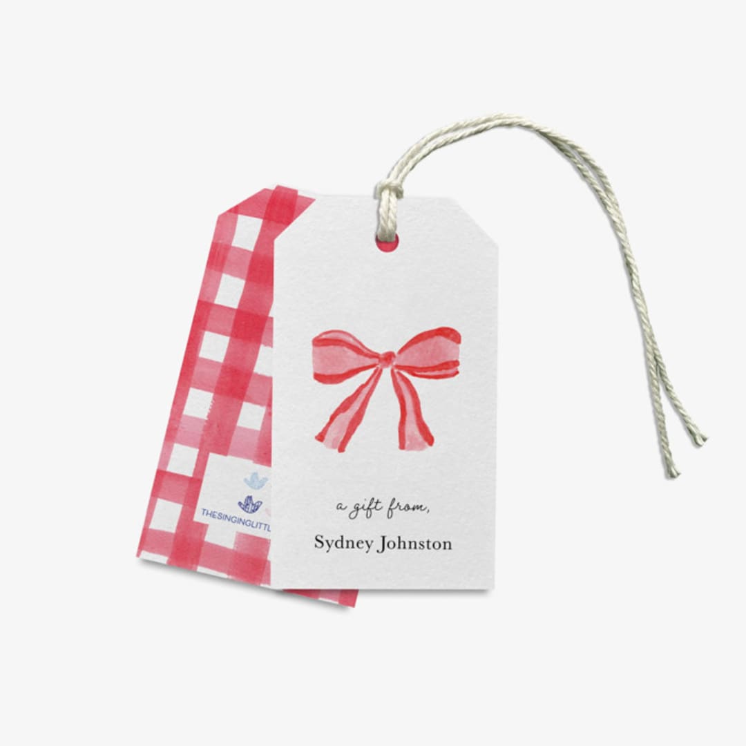 "Red Bow Personalized Gift Tags" - Holiday Gift Wrap in red by Liesel Anne