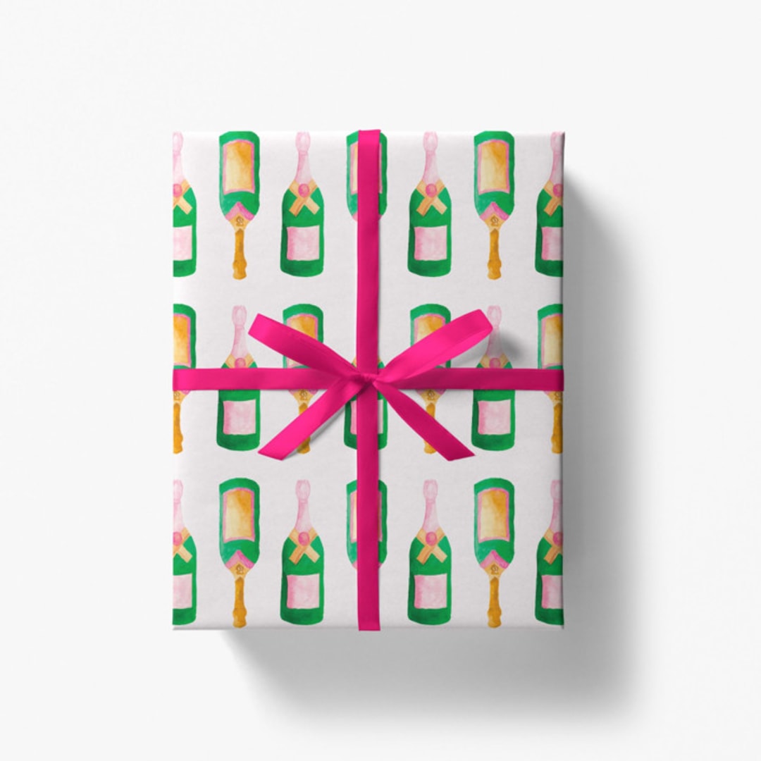 "Champagne Bottle Gift Wrap (Set of 3 Sheets)" - Holiday Gift Wrap in white by Liesel Anne