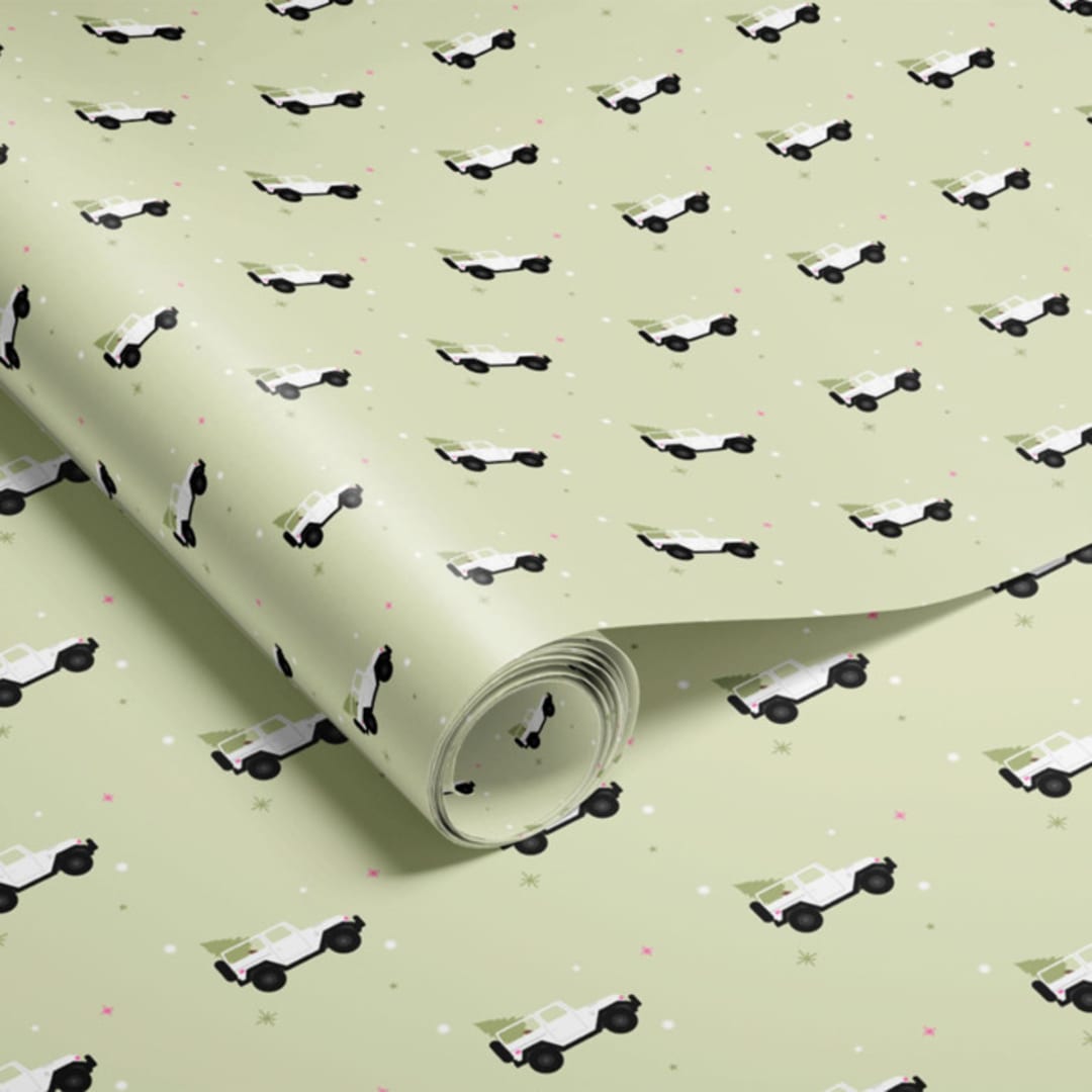 "Christmas Jeep Wrapping Paper" - Holiday Gift Wrap in green by tara berg