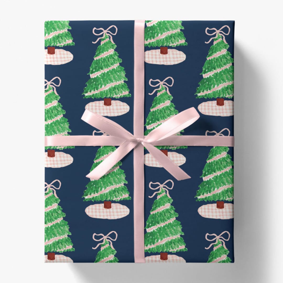 "Pink Gingham Christmas Tree Gift Wrap" - Holiday Gift Wrap in blue by Liesel Anne
