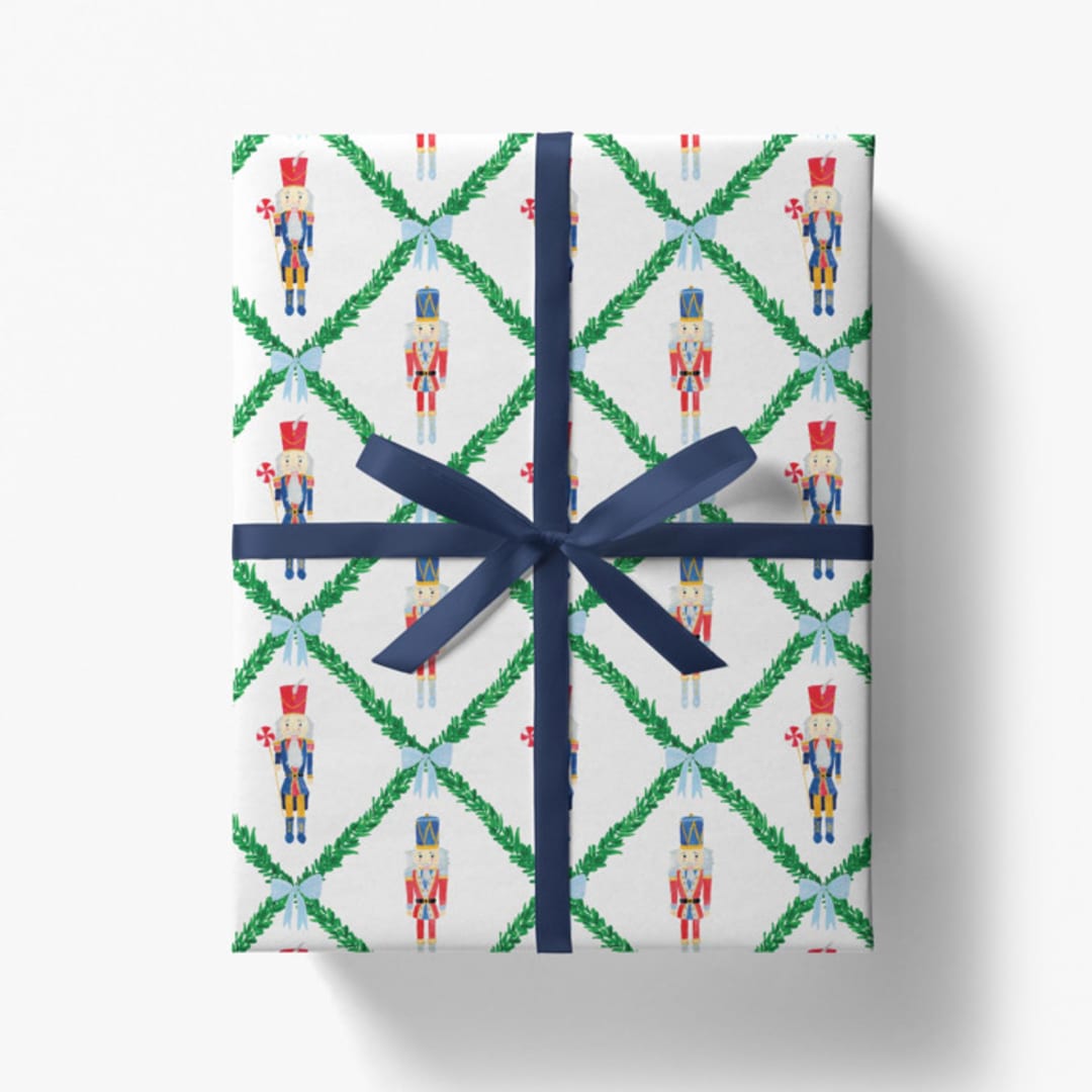 "Nutcracker Trellis Christmas Holiday Gift Wrap [Roll of 3 Sheets]" - Holiday Gift Wrap in multicolor by Liesel Anne