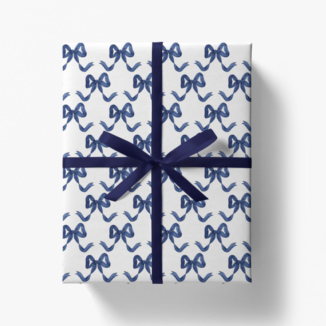 "Blue and White Bow Gift Wrap [Roll of 3 Sheets]" - Holiday Gift Wrap in blue by Liesel Anne