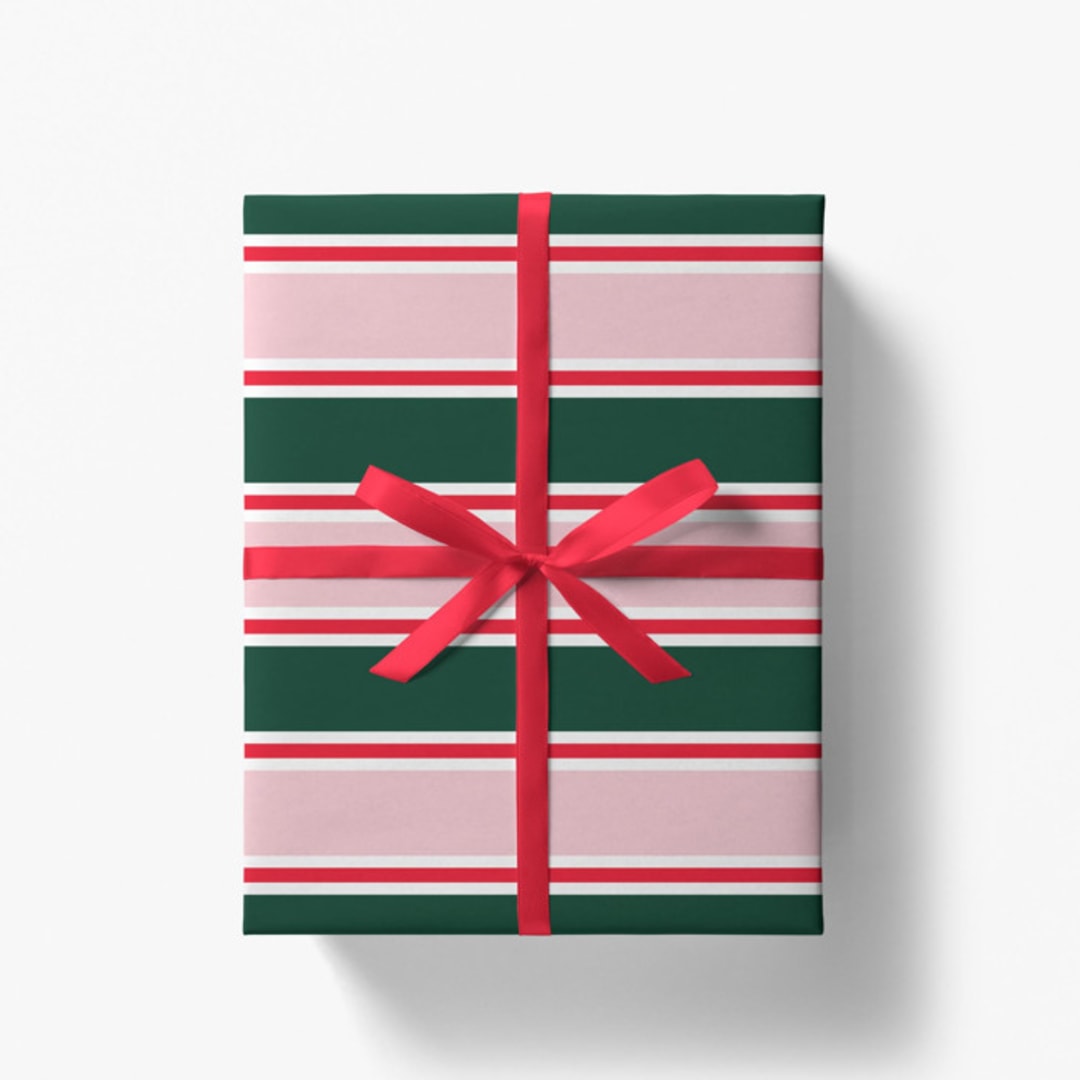 "Green, Blush and Red Stripe Holiday Gift Wrap [Roll of 3 Sheets]" - Holiday Gift Wrap in green by Liesel Anne