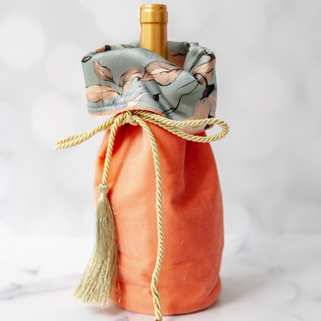"Velvet Coral gift wine bottle bag with floral lining" - Holiday Gift Bags in multicolor by Courtney Bedi
