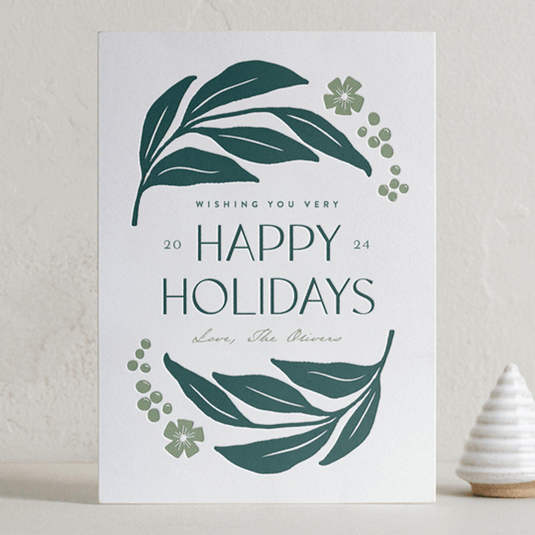 "berries and leaves" - Letterpress Holiday Cards in Evergreen by Carolyn MacLaren - Front