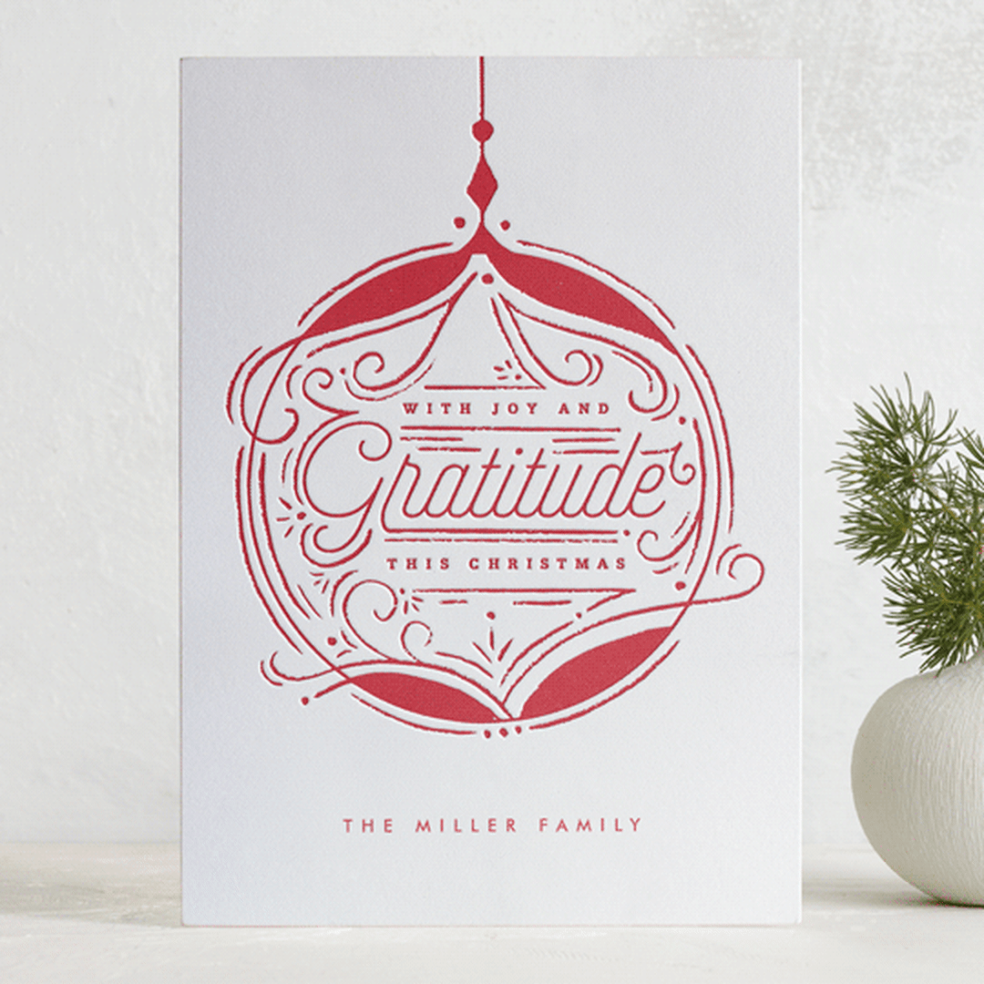 "Gratitude Bauble" - Letterpress Holiday Cards in Candy Cane by Bethan - Front