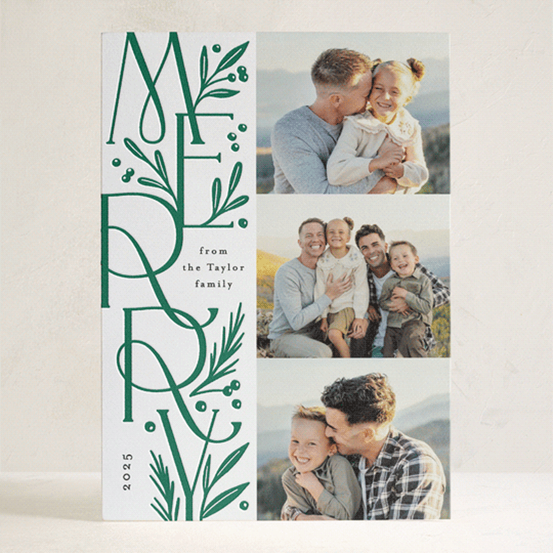 "Merry Letter Stack" - Letterpress Holiday Cards in Pine by Alethea and Ruth - Front