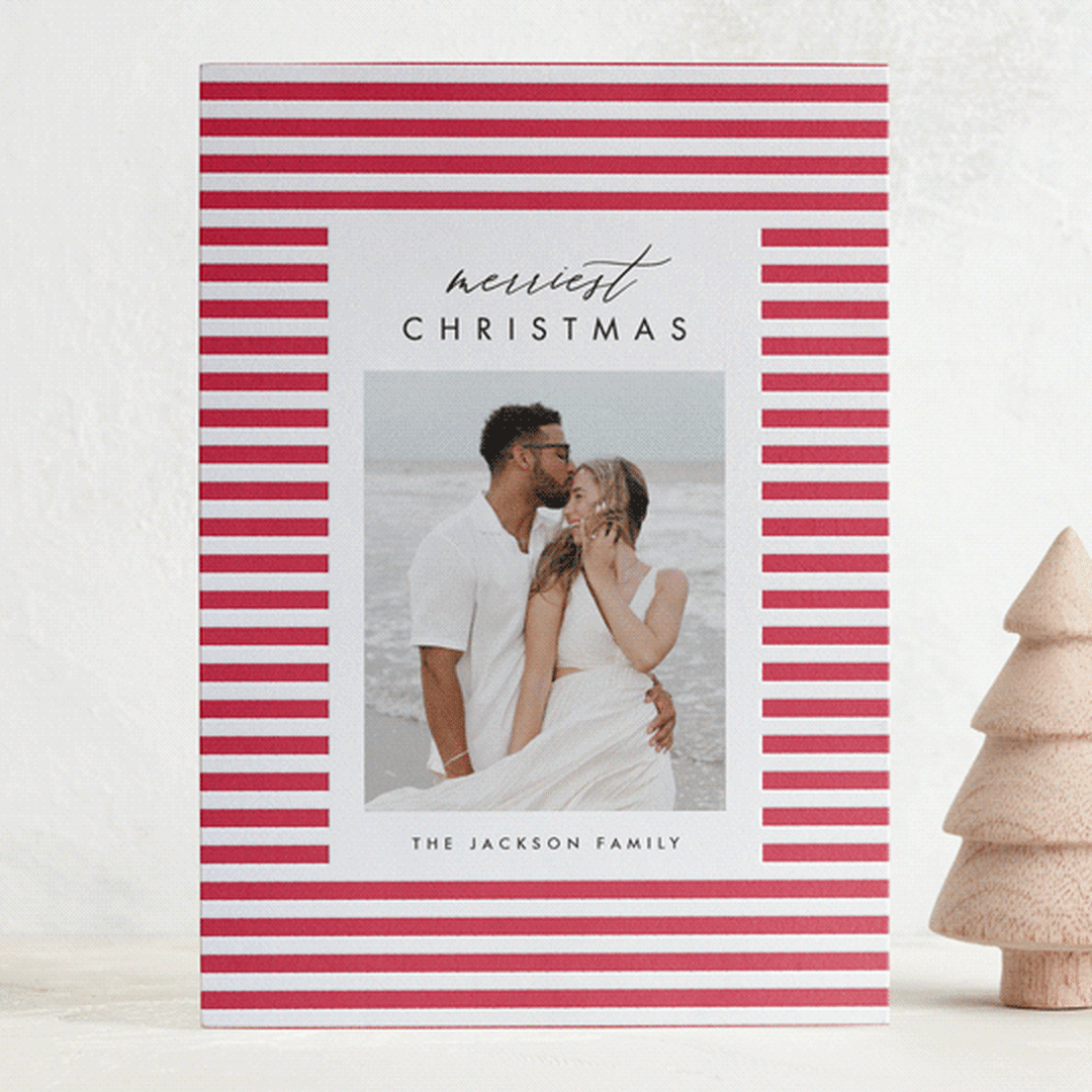 "Merry Stripes" - Letterpress Holiday Cards in Rose by Amy Kross - Front
