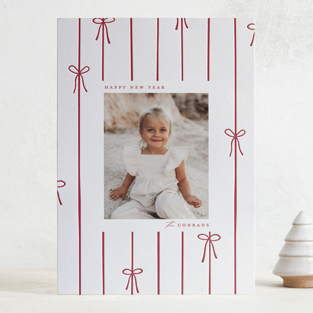 "Lines of Bows" - Letterpress Holiday Cards in Cherry by Ellen Schlegelmilch - Front