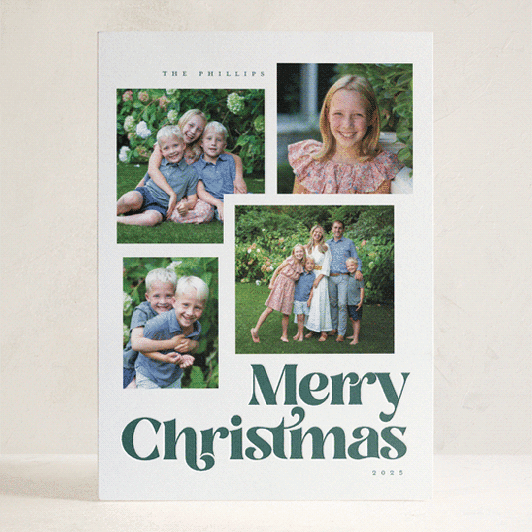 "Merry Collage" - Letterpress Holiday Cards in Pine by Robert and Stella - Front