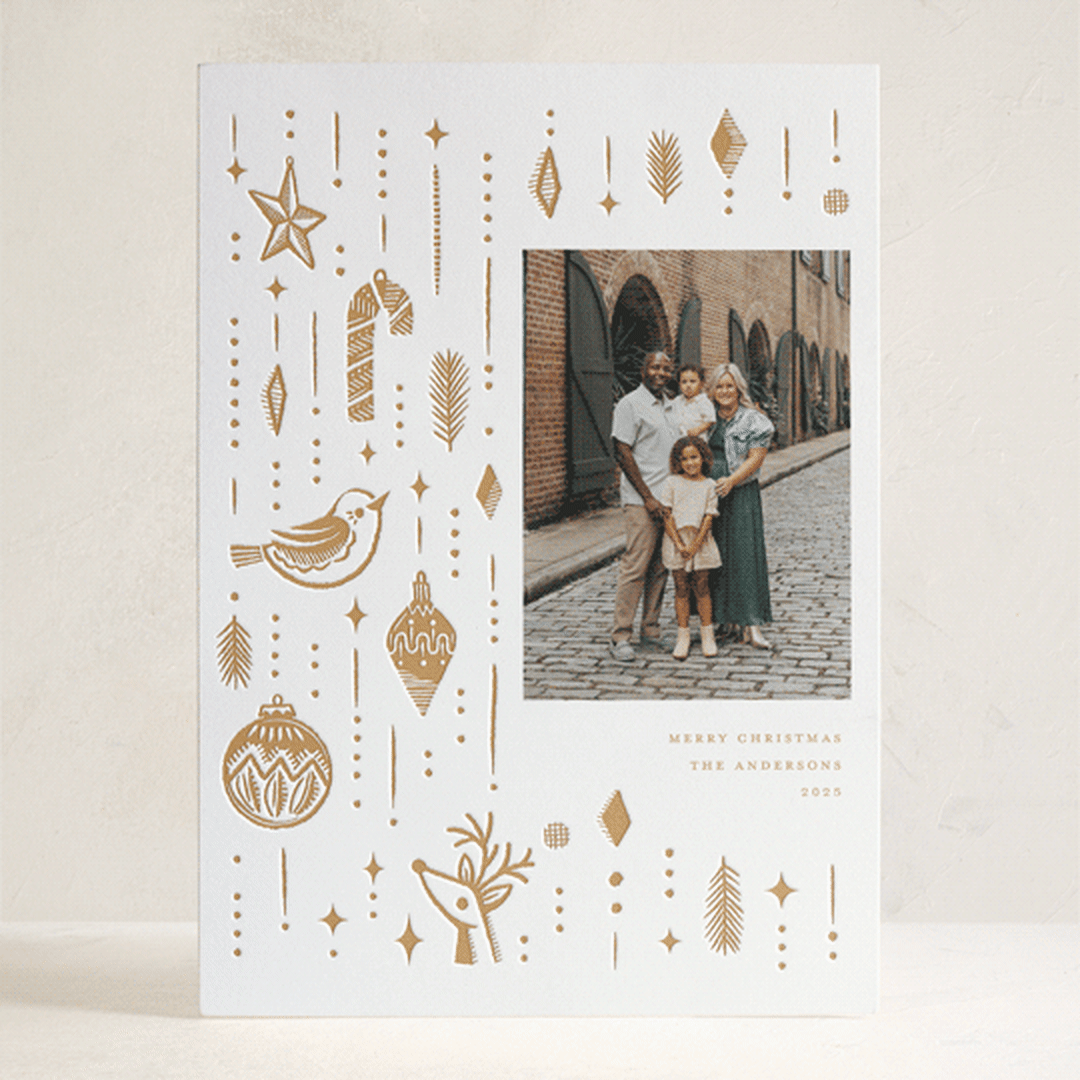 "Christmas Ornaments" - Letterpress Holiday Cards in Sand by Vivian Yiwing - Front
