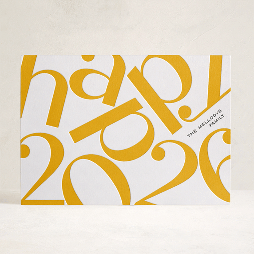 "Happy New YEAR" - Letterpress Holiday Cards in Sunshine by Pati Cascino - Front