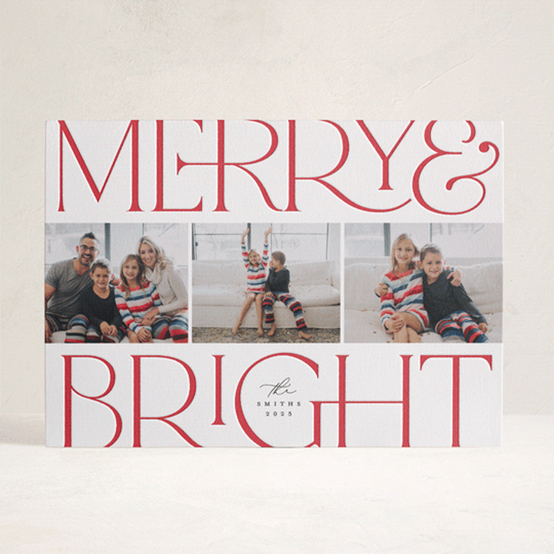 "Merry and Bright" - Letterpress Holiday Cards in Cherry by Laura Hamm - Front