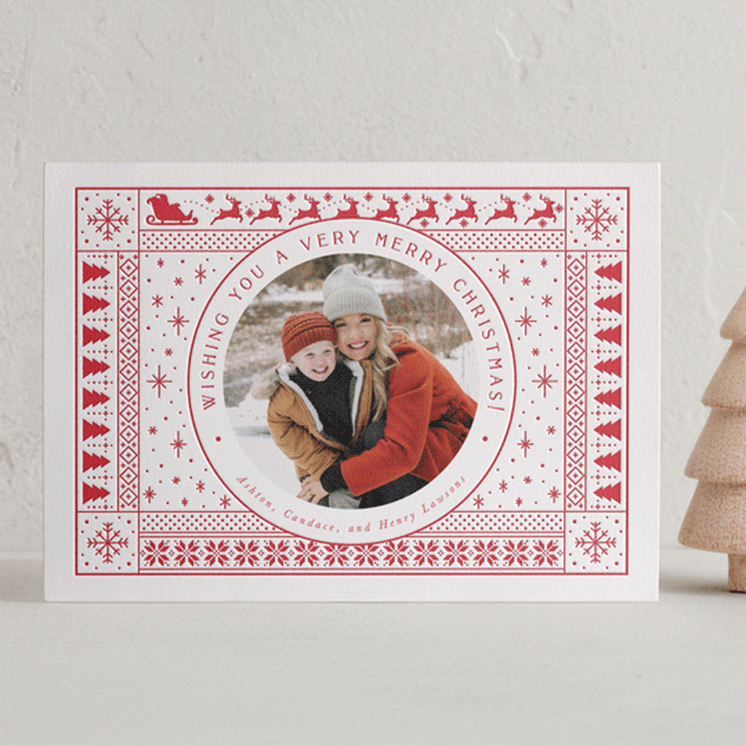 "Santa's Sleigh" - Letterpress Holiday Cards in Poinsettia by Stephanie Hawkes - Front