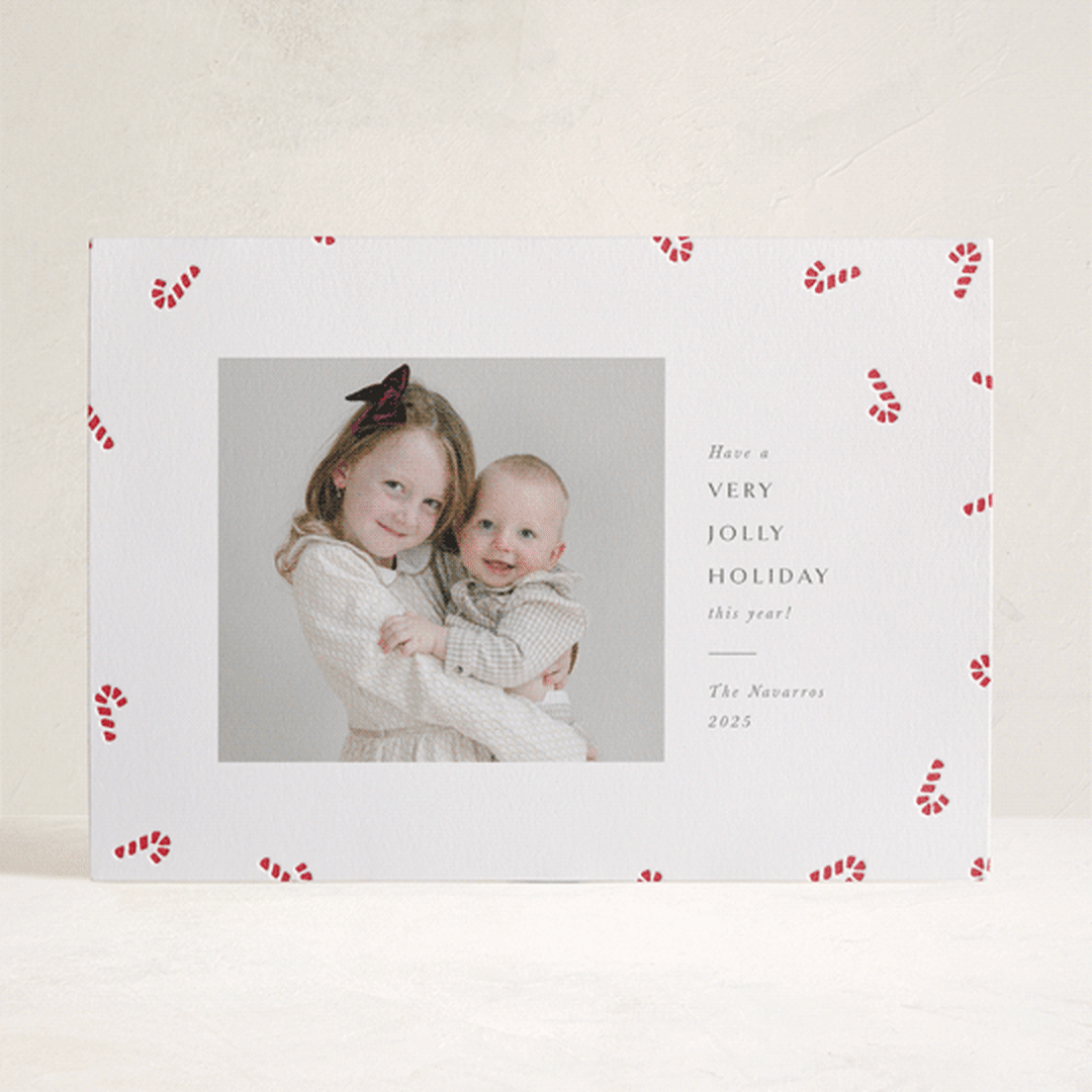 "Candy Cane Toss" - Letterpress Holiday Cards in Candy Cane by Meggy Masters - Front