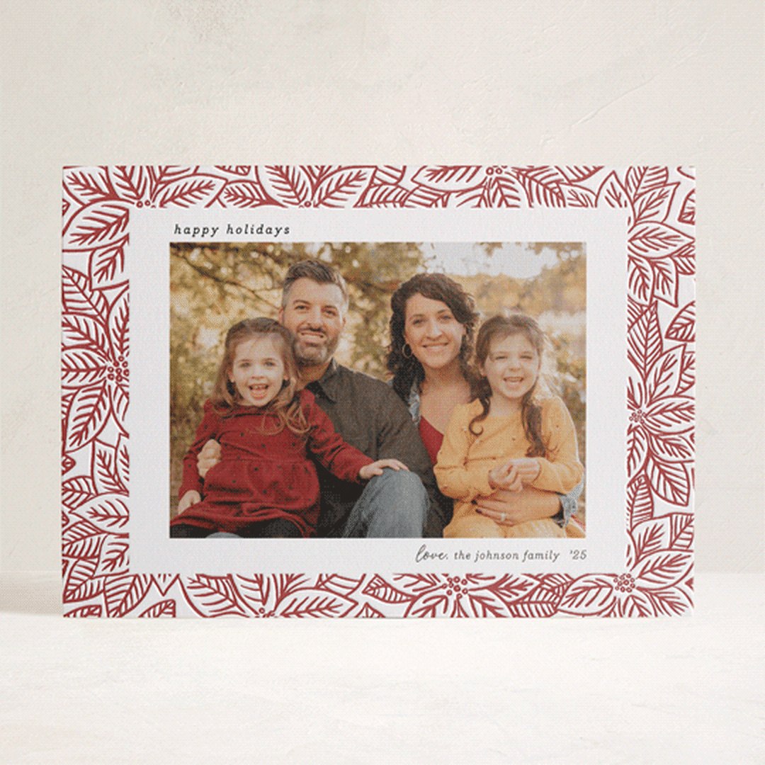 "Line Art Poinsettias" - Letterpress Holiday Cards in Merlot by Sarah Renee - Front