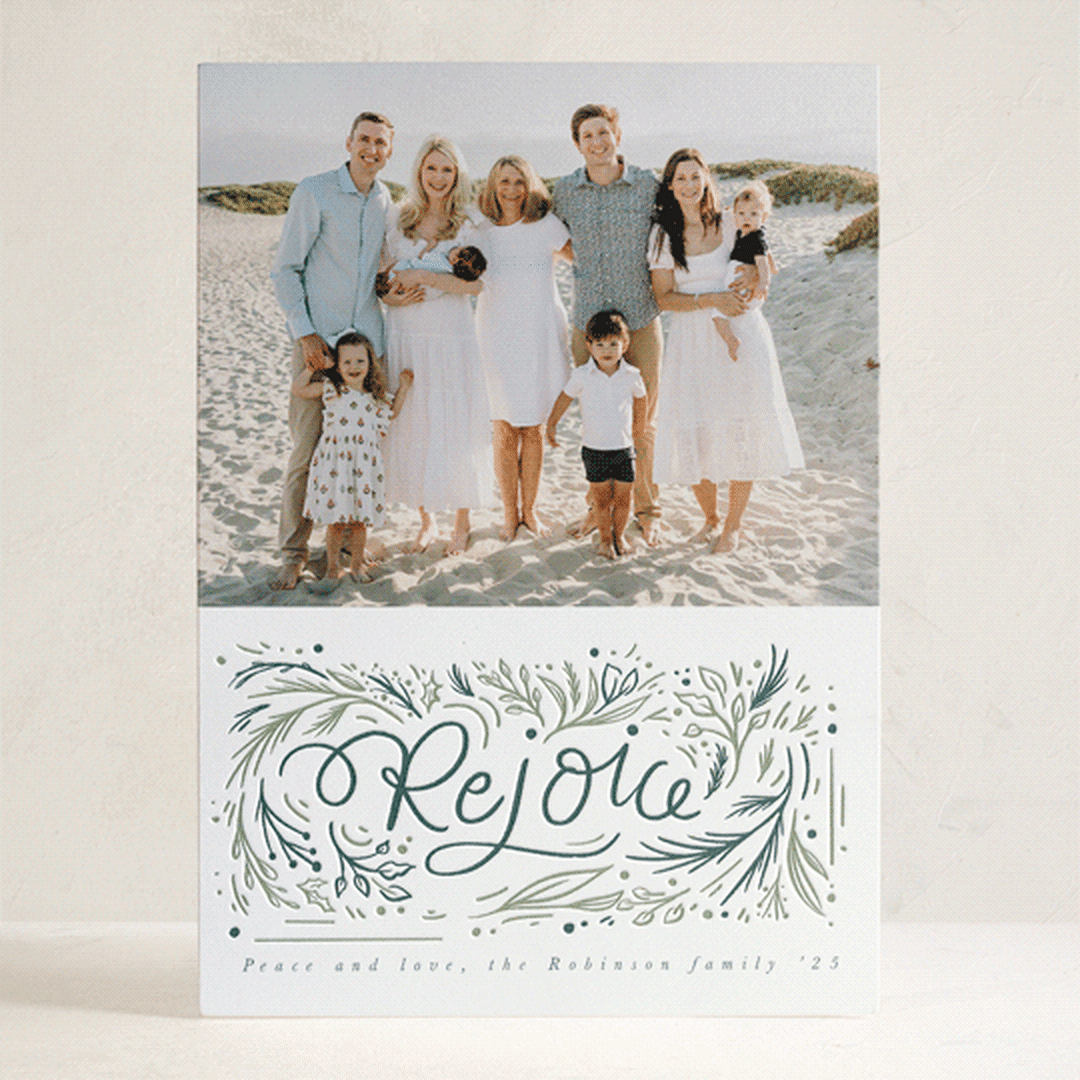 "Rejoice lettering" - Letterpress Holiday Cards in Pine by Hannah Williams - Front