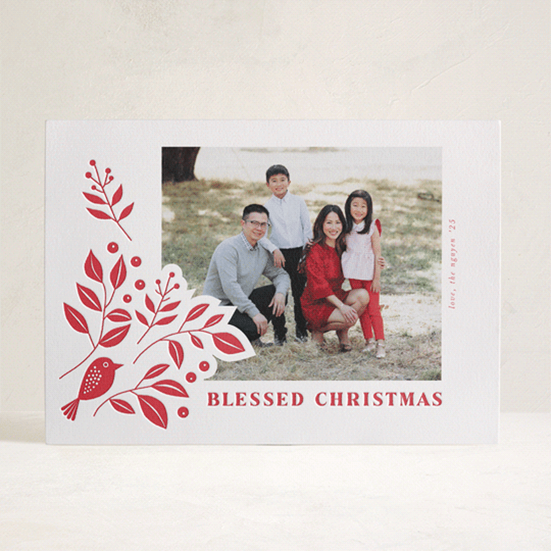 "Bird and foliage" - Letterpress Holiday Cards in Poinsettia by Tatjana Koraksic - Front