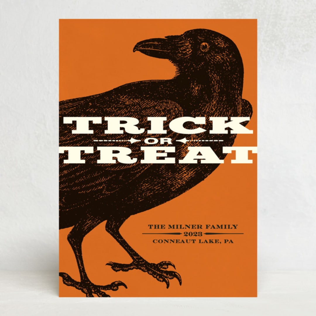 "Trick or Treat Raven" - Halloween Cards in Pumpkin by Alex Elko Design - Front